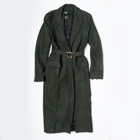 size S Zara Billiard Green Belted Wool Blend Coat Buckle Jacket - Picture 1 of 5